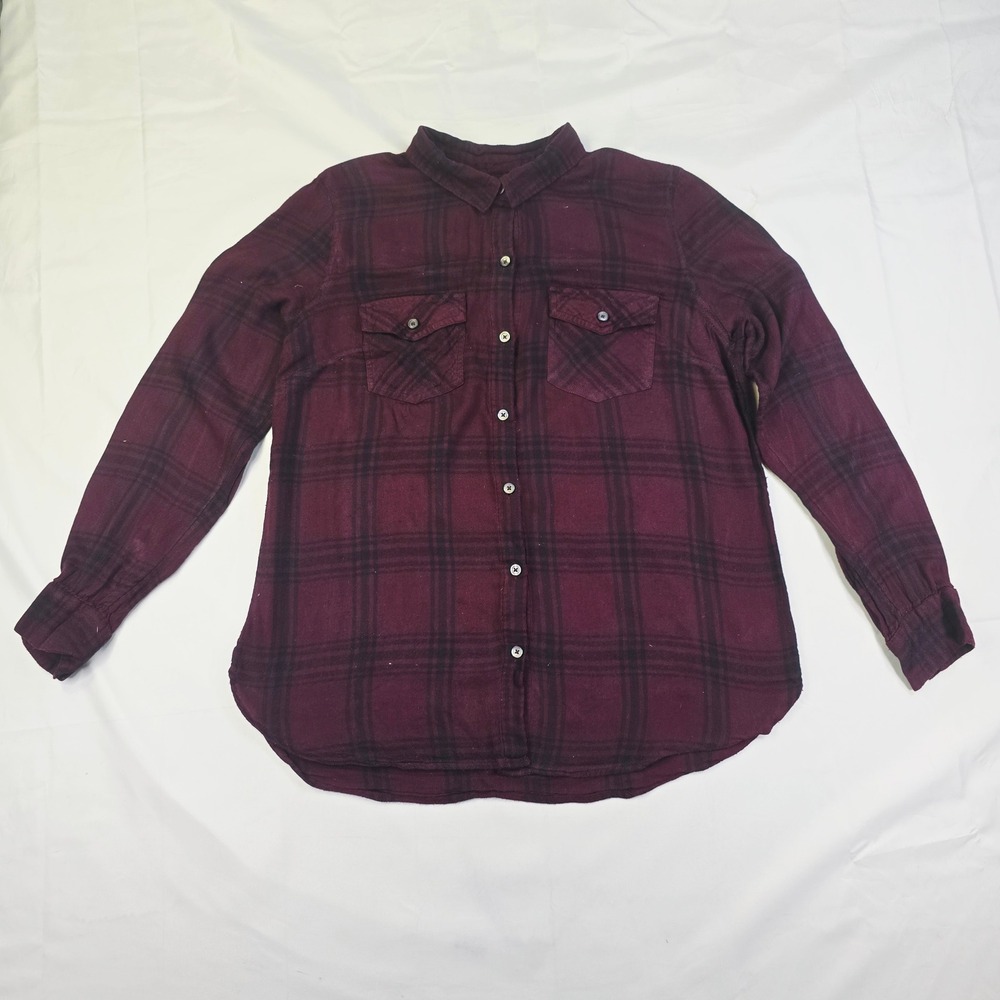 Jessica Simpson Plaid Flannel Button Down Shirt Womens Size Large Burgundy Black